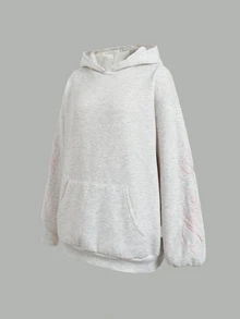 SHEIN 青少年女孩淺灰色針織粉色字母刺繡秋季運動休閒衛衣 Y2K 灰色運動風衛衣 - 淺灰色 - 查看 4
