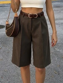 Lavishia 女款秋冬新款不對稱腰線通勤辦公七分褲，優雅休閒通勤風，獨特時尚，附鈕扣口袋，亞麻材質，適合商務與度假穿著 - 摩卡棕 - 查看 8