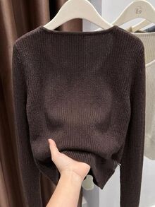 Muvela Cardigan Rajut Wanita Lengan Panjang Warna Polos Kancing Tunggal Kasual Minimalis Dasar Cokelat Tua Musim Gugur - Coffee Brown - View 2