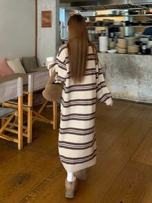 DAZY Women's Striped Round Neck Dropped Shoulder Long Sleeve Casual Knit Dress Fall - Khaki - View 2