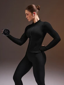 Powerista Women's Black Ribbed Surface Washed Process Stand Collar Slim Fit Long Sleeve Athletic Tight Jacket - Black - View 3