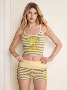 LOONEY TUNES X SHEIN Setelan 2 Potong Atasan Camisole Crop Bergaris dan Celana Pendek untuk Wanita - Kuning muda - View 3