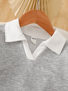 SHEIN 女童學院風 Polo 領兩件套，海軍藍對比翻領長袖上衣 + 高腰寬腿褲，經典馬術刺繡休閒套裝，百搭運動風，適合春/秋季校園與日常穿著 - 淺灰色 - 查看 6