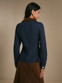 Poéselle جاكيت جينز نسائي مفصل ضيق مع زر عملة ذهبية ودرزة أميرة، ياقة V أنيقة - أزرق داكن - مشاهدة 2
