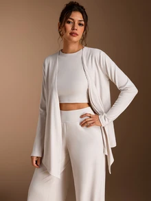 SHEIN BASICS Women's Solid Color Inner Layer And Long Sleeve Cardigan And Long Pants Casual Daily Three-Piece Pack Lounge Light Beige Autumn Lounge - Dusty Pink - View 7