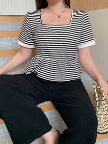 Dazy Plus Square Neck Casual Korean Style Striped Fitted Short Sleeve T-Shirt For Spring Summer Autumn - Black and White - View 3
