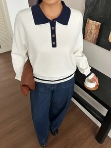 Livesso Contrast Color Patchwork Polo Collar Fun Commuter Business Casual Spring Autumn New Sweater Top - Beige - View 6