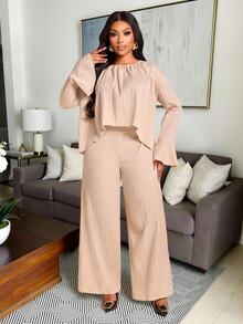 Brilight Gathered Neck Flare Sleeve Cropped Top High Waist Wide Leg Pants For Vacation Brunch Daily Outfit - Apricot - View 10