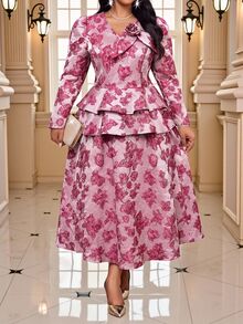 Fleurora Plus Size Women's 3D Floral Decor Long Sleeve Top And Skirt 2-Piece Set - Hot Pink - View 1