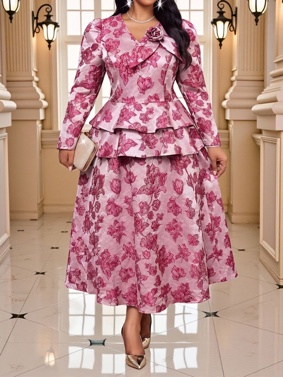 Fleurora Plus Size Women's 3D Floral Decor Long Sleeve Top And Skirt 2-Piece Set - Hot Pink - View 1
