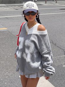 Muchica Suéter de mujer con patrón de números y patchwork de bloques de color gris claro - Gris Claro - Ver 6