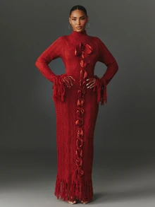 NYA SZN Knit Dress Maxi Lace Up Ribbon Fringe Long Sleeve Cable Mock Neck Going Out Special Occasion Elegant Holiday Festival Church Work Chic Fall Winter - Coral Pink - View 5