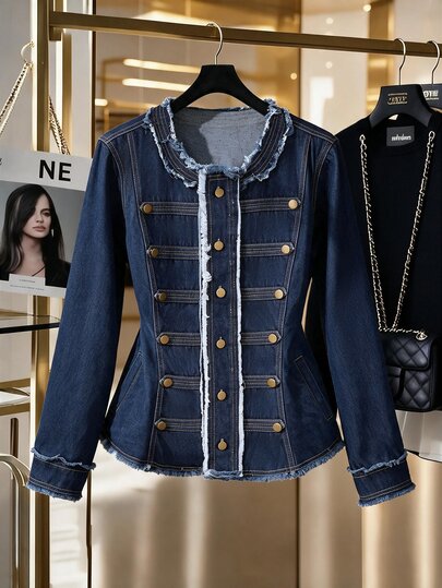 GlowEve CURVE Autumn Vintage Elegant Napoleon Navy Blue Frayed Hem Slim Fit Plus Size Denim Top, Versatile Denim Top For Daily Commute And Travel Formal Evening