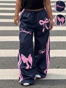 Muchica Plus Size Women's Pink Bow Navy Blue Side Stripe Long Pants - Navy Blue - View 5