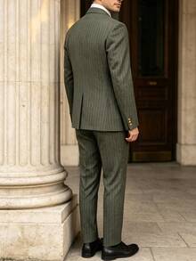 Manfinity Mode Men's Business Commute Striped Double-Breasted Blazer & Trousers Suit Set - Army Green - View 2