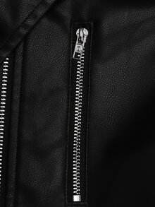 SHEIN 青少年女孩街頭風 PU 金屬拉鍊前開短版黑色仿皮夾克 秋冬款 - 黑色 - 查看 6