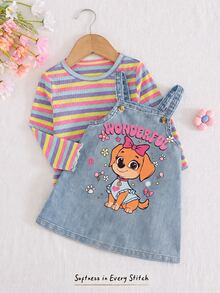 Baby Girl Colorful Striped Round Neck Long Sleeve Pullover Top & Floral Pattern Suspender Dress 2-Piece Set - Blue - View 5