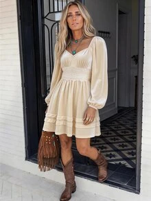 LanaWest Women's Sweetheart Neck Lantern Sleeve Contrast Lace Fashion Short Dress - Apricot - View 1