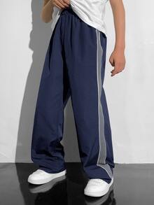 Tween Boy Casual College Style Comfortable Fashionable Minimalist Practical Versatile Cute Soft Fleece Fabric Thick Warm Suitable For Daily Wear School Outings Sports Autumn/Winter Season Webbing Decor Contrast Color Long Pants - Navy Blue - View 7