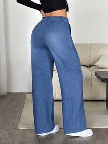 SHEIN PETITE 女款休閒街頭風牛仔褲，口袋鈕扣設計，秋季優雅正式 Y2K 可愛時尚，萬聖節毛茸茸抓絨，PETITE 尺碼，校園日常穿搭，水藍色 - 藍色 - 查看 3