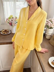 Snug Reverie Solid Color Green Collar Trim Long Sleeve Pants 2 Pieces Set Loungewear Pajamas - Yellow - View 6