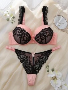DelicateAllure 2pcs Pink Underwire Molded Cup High Support Lace Patchwork Sheer Romantic Elegant Plus Size Lingerie Set - Pink - View 1