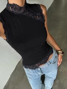 Aloruh 女款素色對比蕾絲立領修身時尚背心 - 黑色 - 查看 4