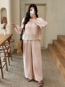 Lounesse Plus Size Women Lace Patchwork Vacation Brunch Travel Formal Casual Top Pants Boho 2 Pieces Set Fall Elegant Dusty Pink - Khaki - View 8