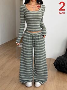 Coolane Bộ đồ mặc nhà 2 món casual hàng ngày gồm áo thun ôm sát cổ vuông tay dài dệt vặn thừng màu xanh kẻ sọc giữ ấm và quần ống đứng - xanh quân đội - Xem 7