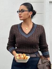 Dazy Plus Colorblock Patchwork V-Neck Slim Fit Blogger Casual Long Sleeve Spring/Autumn New Brown Sweater - Brown - View 4