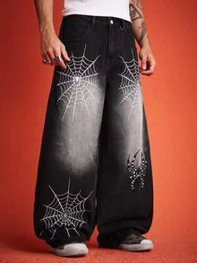 ROMWE MEN Street Life Men's Spider Pattern Casual Daily Wear Jeans - Black - View 4