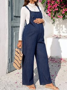 SHEIN 孕婦休閒牛仔吊帶褲 度假風 西部女裝 牛仔女郎造型 - 藍色 - 查看 9