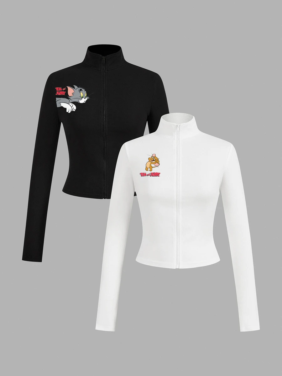 TOM & JERRY X SHEIN SHEIN EZwear 2件組黑白針織拉鍊長袖女款T恤,聯名印花圖案,適合外出、街頭風、機場穿搭、時尚、返校、Y2K、派對、海灘度假、假日 - 彩色 - 查看 1