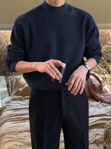 Marcello Vane 男士休閒純色立領毛衣，秋冬款 - 寶藍色 - 查看 5