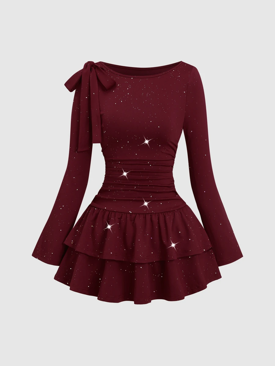 Sweetra Women's Long Sleeve Flared Waist Double Layer Hem Short Dress With Shoulder Bow Ribbon Decor, Suitable For Parties, Holidays And Commuting - Burgundy - View 1