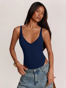 SHEIN BAE Women's Solid Color Casual Tank Top Bodysuit - Navy Blue - View 4