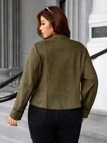 SHEIN Clasi 大尺碼女款休閒拿破崙夾克，前拉鍊設計 - 墨綠色 - 查看 2