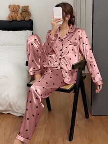 Napfluff Faux Silk Printed Heart Long Sleeve Pants Loungewear - Coral Pink - View 5