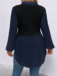 Calvaya Plus Size Women's Colorblock Patchwork Long Sleeve Top - Blue - View 2
