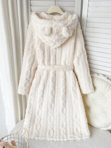 SHEIN 青少年女孩簡約秋冬舒適保暖內裡加厚純色居家服 - 白色 - 查看 3