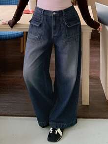 Dazy Plus Vintage Washed Denim Straight Leg Long Jeans, Versatile Casual Streetwear For Girls, Spring/Autumn New Style - Dark Wash - View 5