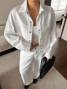 Dazy Plus Autumn Lapel Long Sleeve Button-Up Solid White Short Loose Denim Jacket - White - View 6