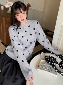 Dazy Plus Loose Business Casual Fashion Polka Dot Jacquard All-Over Print Pullover Knit Sweater, Autumn/Winter - Grey - View 4