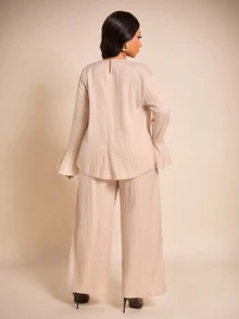 Brilight Gathered Neck Flare Sleeve Cropped Top High Waist Wide Leg Pants For Vacation Brunch Daily Outfit - Apricot - View 2