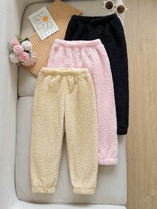 SHEIN Girls' 3-Piece Set Autumn/Winter Long Pants In Pink, Brown, And Black, Soft Velvet-Like Fabric, All-Match Versatile Colors, Suitable For School, Outings And Multiple Occasions - Multicolor - View 3