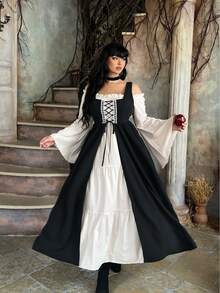 Lyrianda Gaun Cosplay Gaya Eropa-Amerika Model Ikat Bahu Terbuka Lengan Panjang Mengembang Gaya Gothic Ringan Warna Kontras Ukuran Besar untuk Wanita - Hitam dan Putih - View 1