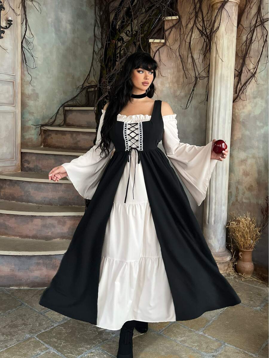 Lyrianda Gaun Cosplay Gaya Eropa-Amerika Model Ikat Bahu Terbuka Lengan Panjang Mengembang Gaya Gothic Ringan Warna Kontras Ukuran Besar untuk Wanita - Hitam dan Putih - View 1