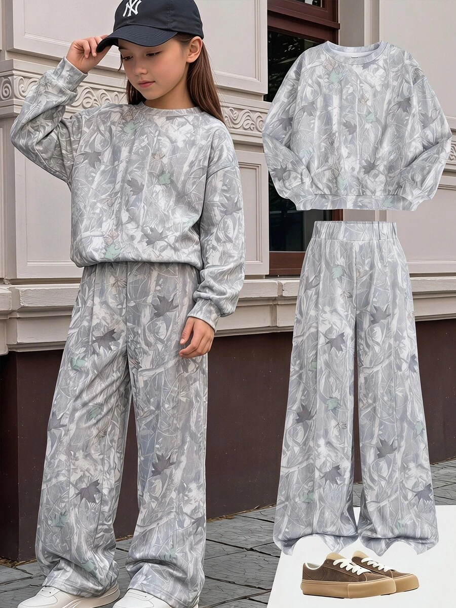 SHEIN 青少年女孩寬鬆版型迷彩印花抽繩腰運動衫運動褲2件組套裝 - 淺灰色 - 查看 1