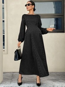 MaterniWear 孕婦秋季休閒通勤條紋洋裝 - 黑色 - 查看 2
