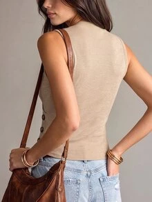 Balvessa Women's Solid Color Overlap V-Neck Button Design Casual Tank Top - Apricot - View 2